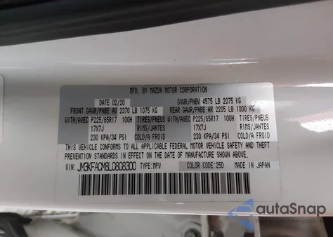 2020 Mazda Cx-5 Touring z USA, uszkodzony, nr VIN JM3KFACM8L0808300